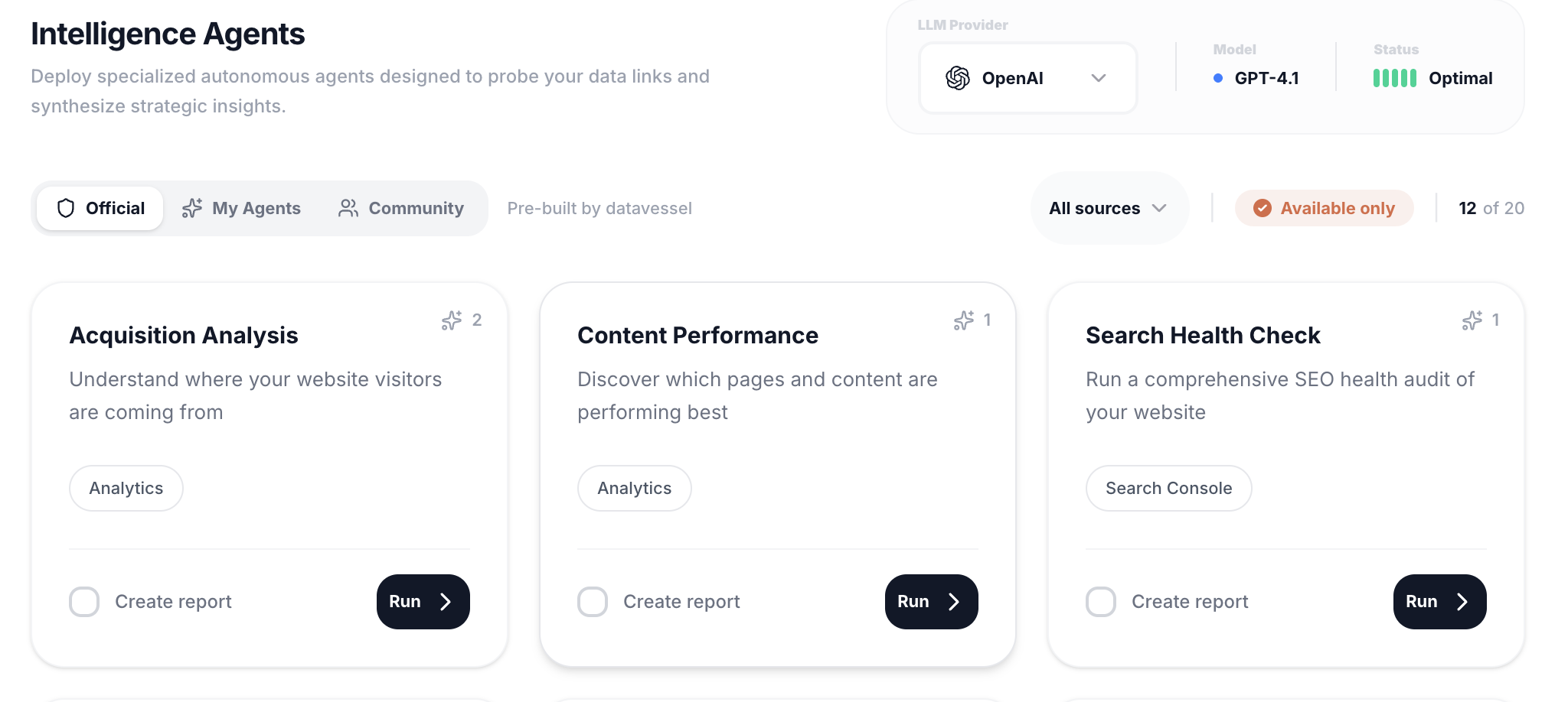 DataVessel agent library showing categorized agents for analytics, SEO, and e-commerce