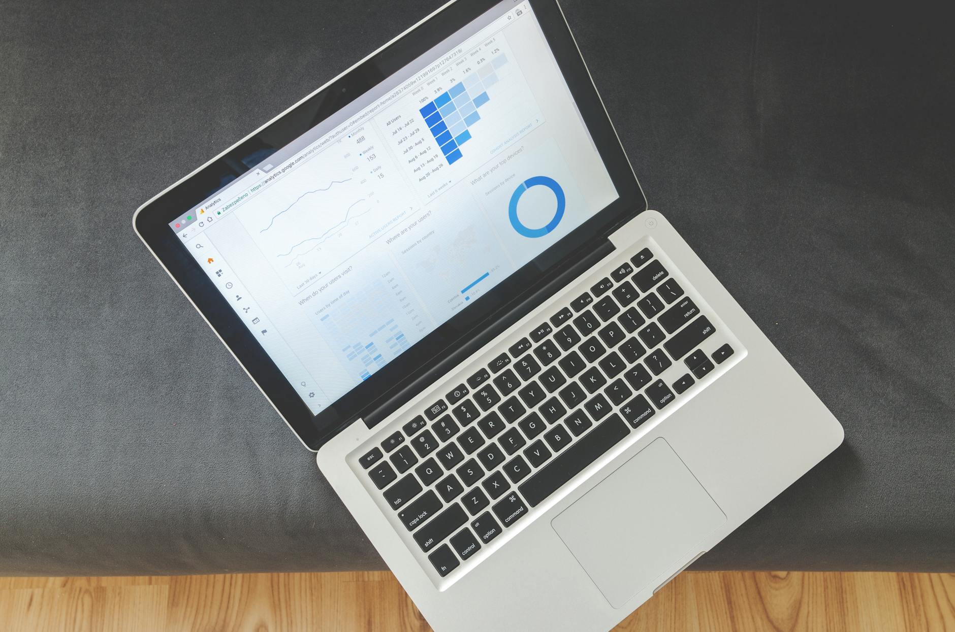 SEO report on a laptop screen with analytics charts for Slack reporting