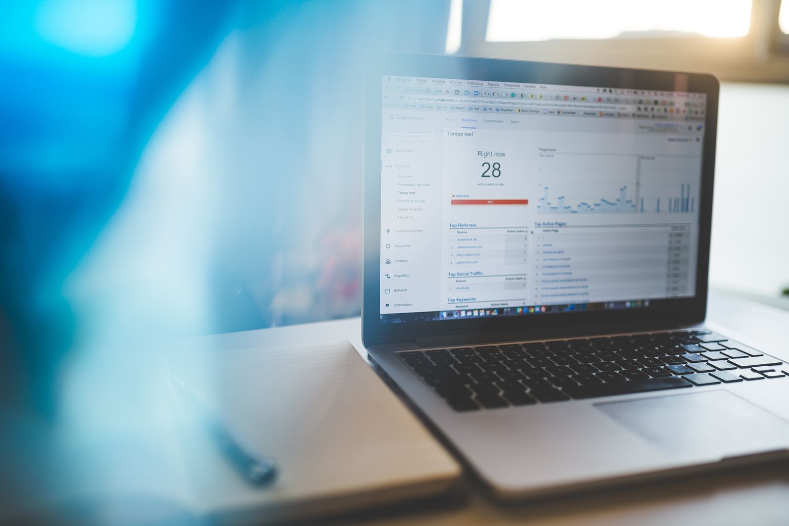 Laptop displaying Google Analytics in a workspace, illustrating GA4 connected to an AI assistant